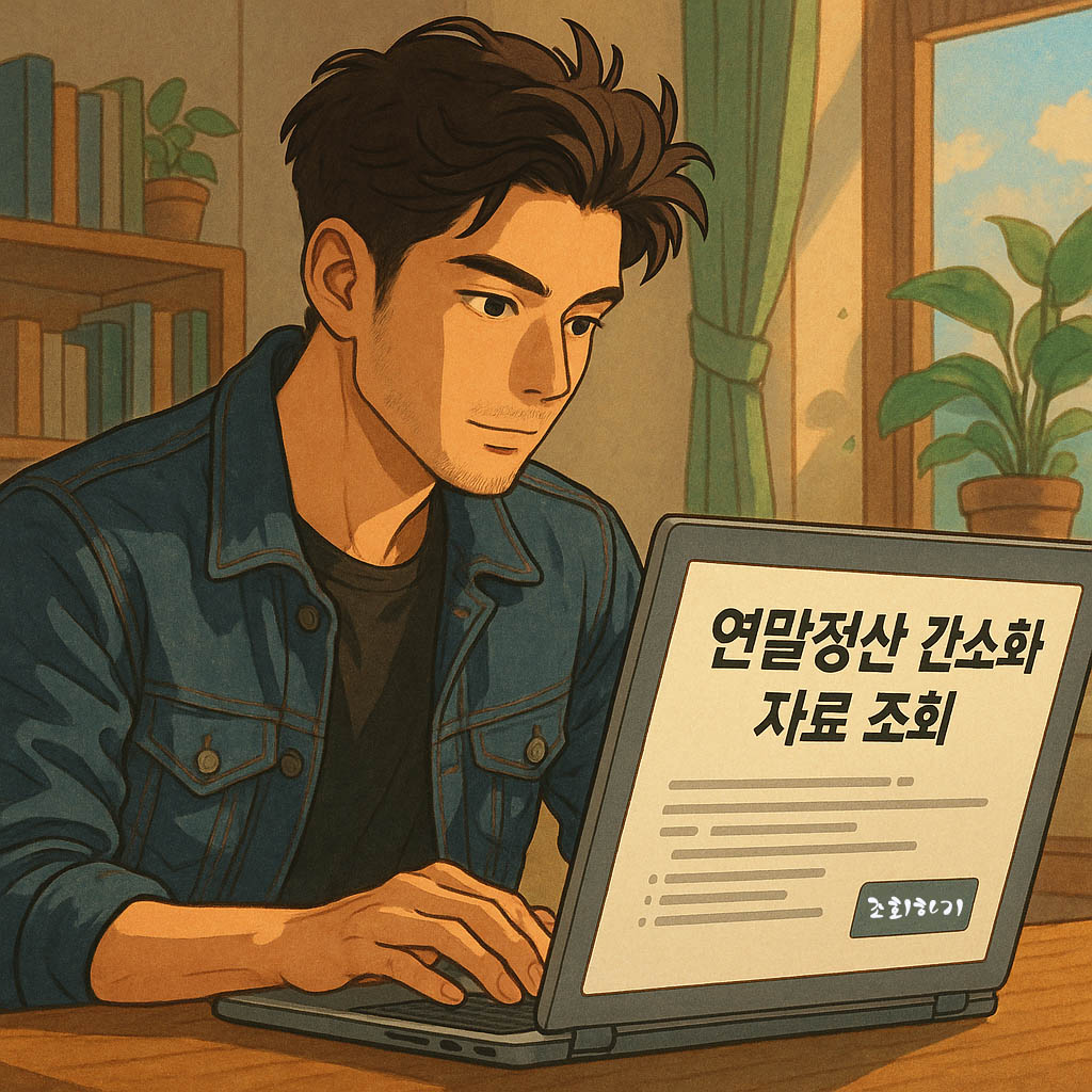집에서 캐주얼한 차림의 젊은 남성이 노트북을 보며 집중하는 모습의 일러스트. 노트북 화면에는 "연말정산 간소화 자료 조회"라는 문구와 함께 조회 버튼이 보인다