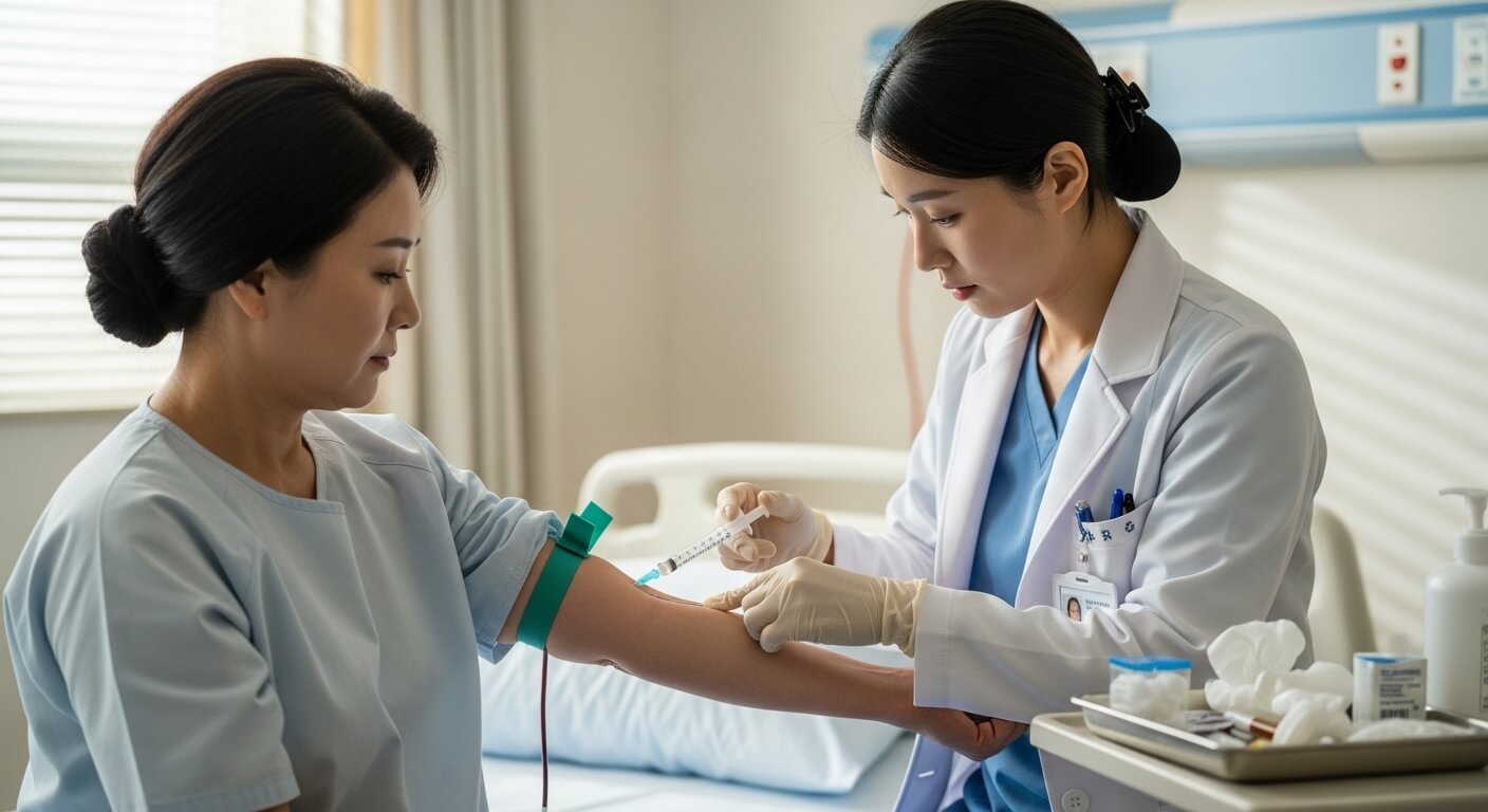 여성 환자가 의사에게 팔에서 채혈을 받는 장면
