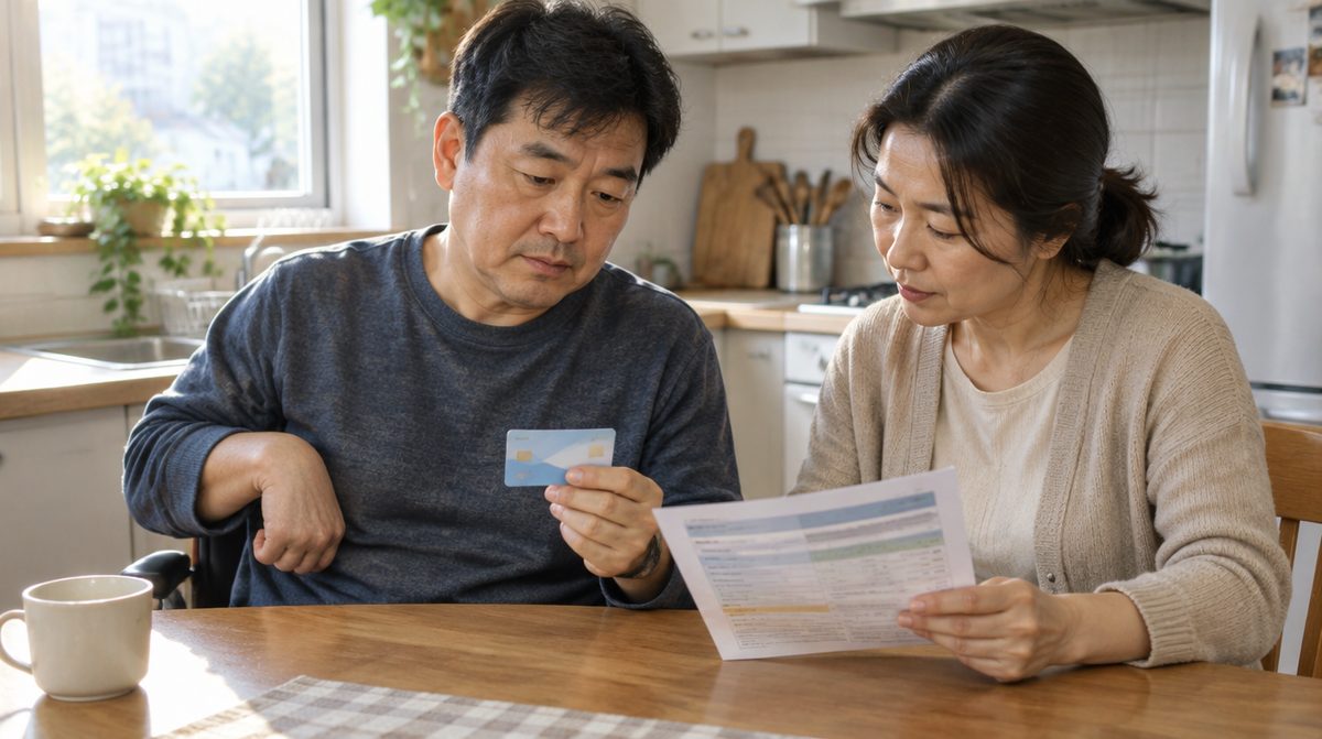 뇌병변 장애인 혜택을 확인하는 40대 편마비 당사자와 아내