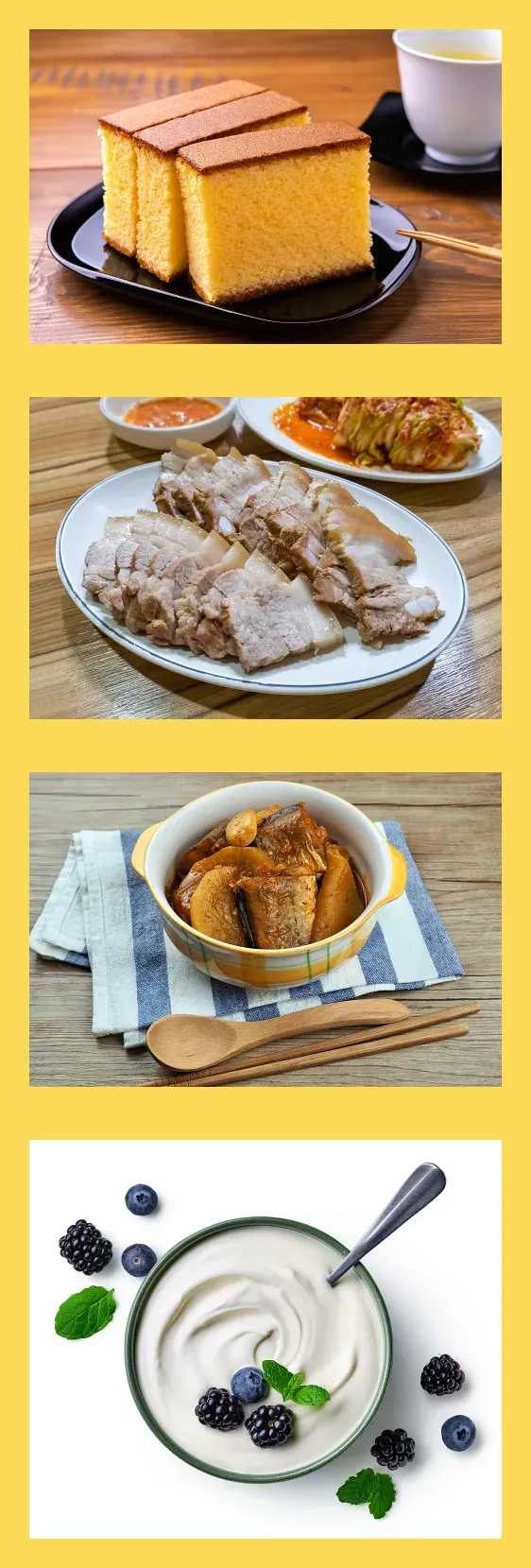 연하곤란시 권장식품으로 카스테라&#44; 보쌈&#44; 생선찜&#44; 요거트 등 부드럽고 건강에 좋은 음식들이 보인다.