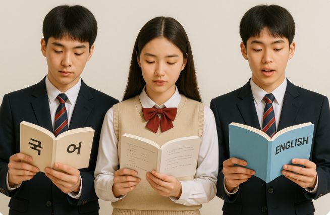 국어, 수학, 영어를 공부하는 학생들