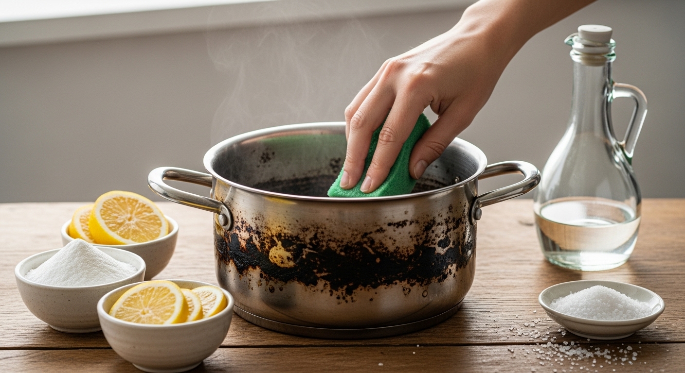 따뜻한 물과 베이킹소다, 식초를 사용하여 탄 냄비를 부드러운 스펀지로 세척하는 과정이 담긴 클로즈업 이미지