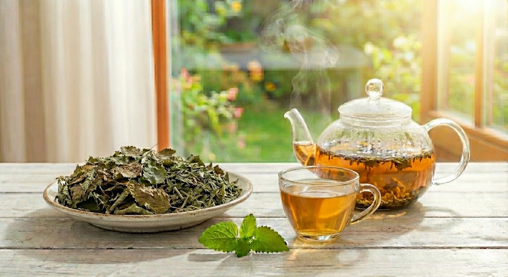 식후 더부룩한 속을 즉각적으로 달래주고 복부에 찬 가스를 제거하는 데 탁월한 천연 소화제 레몬밤과 페퍼민트 블랜딩 허브차