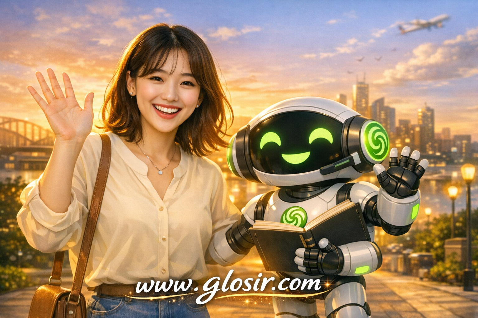 Young woman and ChatGPT robot smiling and waving at the camera with www.glosir.com banner at the bottom