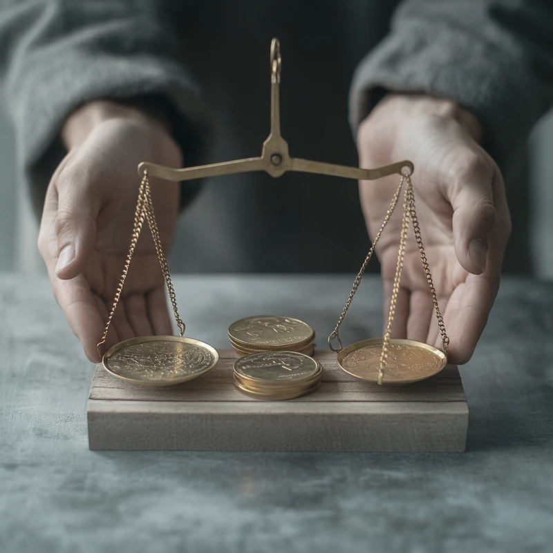 손이 저울을 들고 고수익과 성장형 ETF 전략을 평가합니다. 전략적 금융 환경에서 장단점을 탐구하며 고심하는 분석적 분위기를 띕니다.