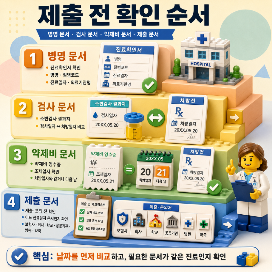 N39 제출 전 확인 순서 인포그래픽, 병명 문서·검사 문서·약제비 문서·제출 문서 확인 절차와 날짜 비교 방법 안내