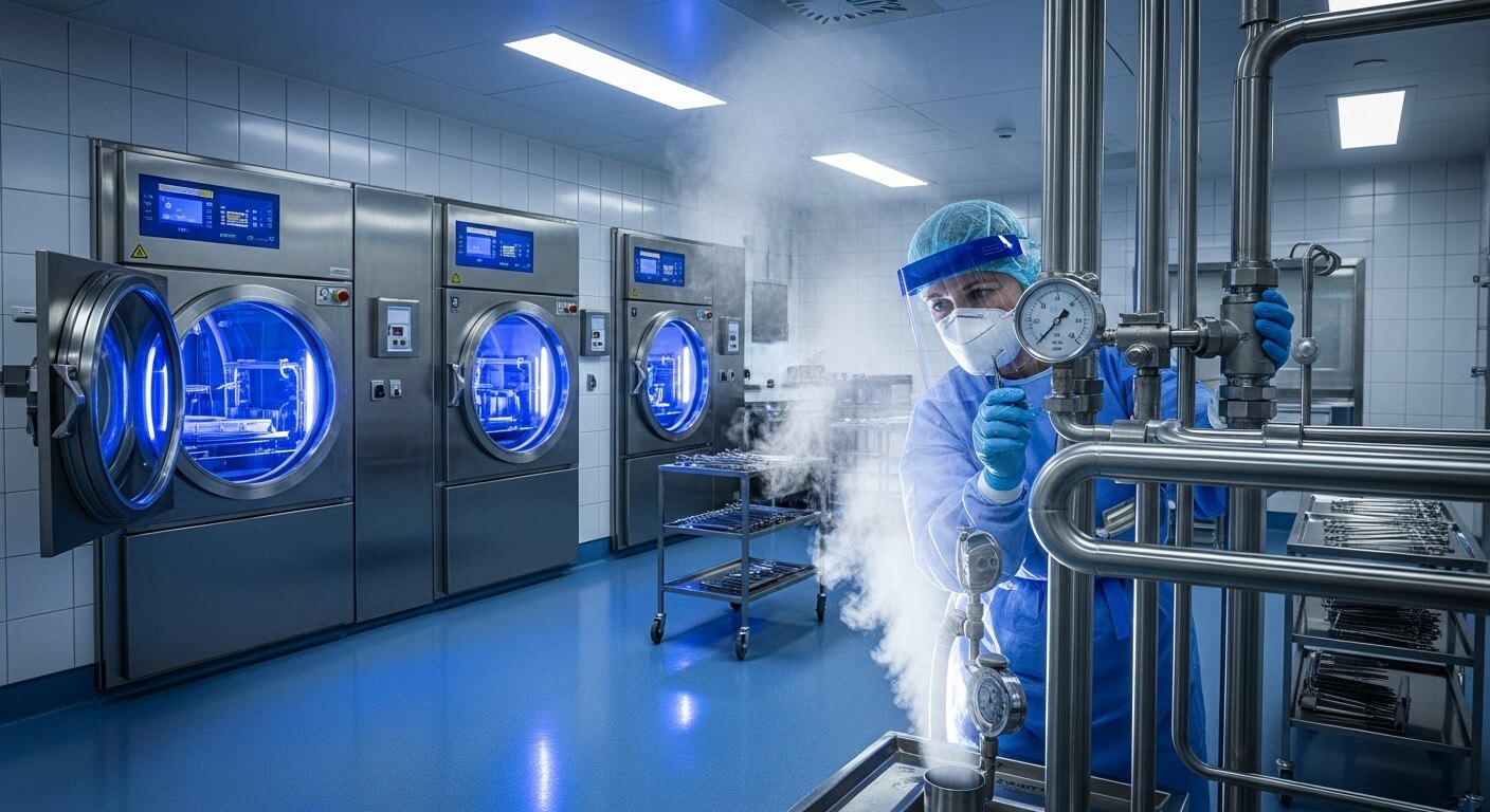 최첨단 증기 멸균기가 있는 병원 멸균실에서 의료진이 증기 압력계를 확인하며 멸균 효율을 관리하는 모습