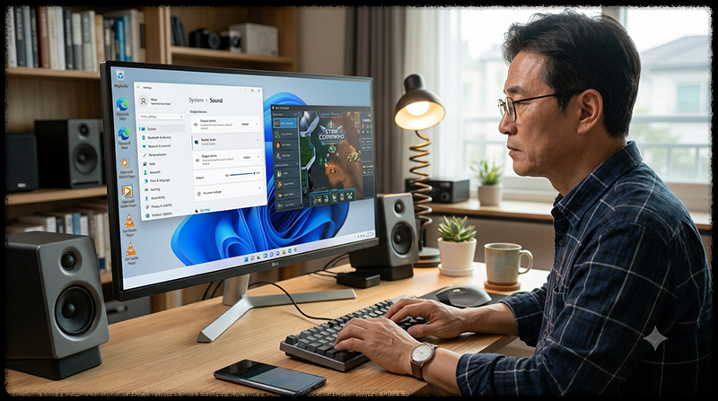Windows 11에서 게임이나 프로그램 창이 모니터 밖으로 넘어간 문제를 해결하는 모습
