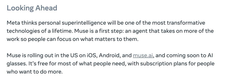 메타 뉴스룸 Muse 발표문의 Looking Ahead 문단, 미국에서 iOS·안드로이드·muse.ai로 출시한다는 문장