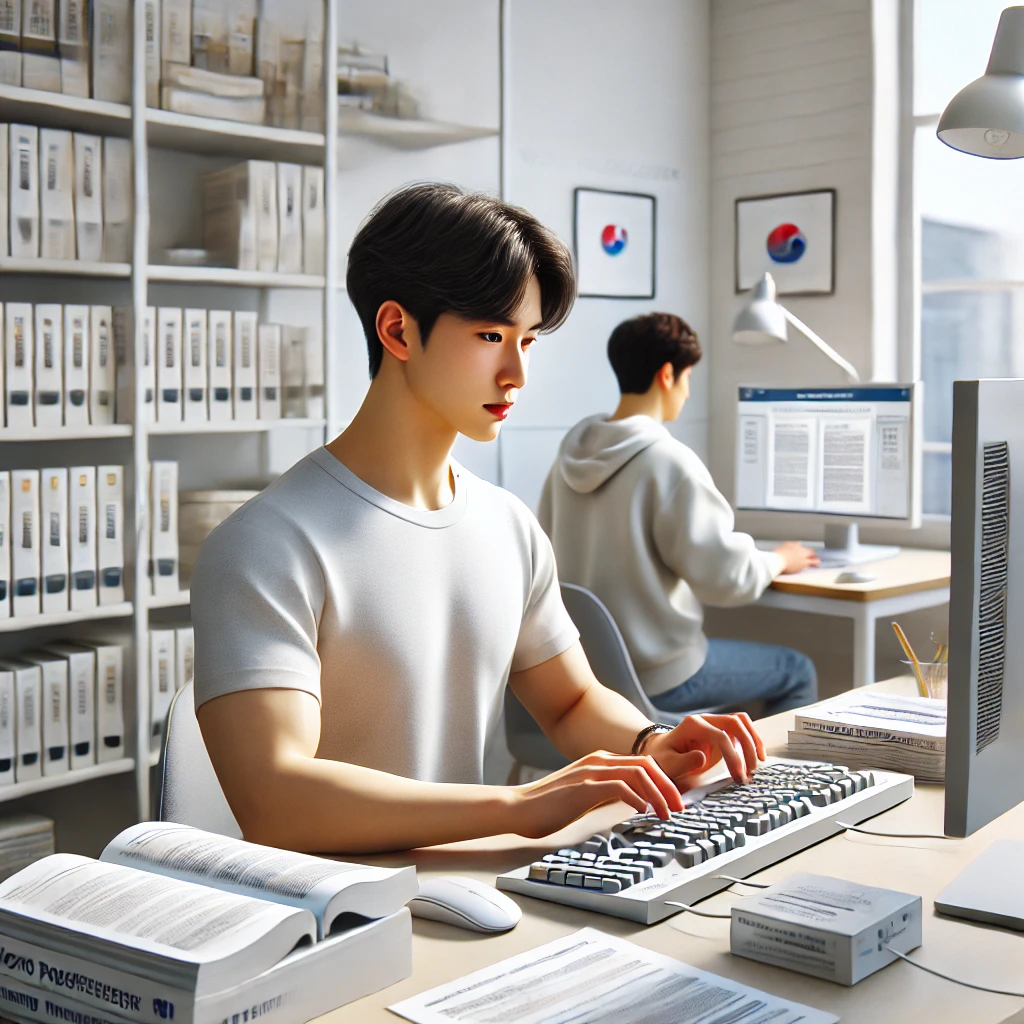 남성이 현대적인 스터디룸에서 컴퓨터로 워드프로세서 자격증 시험 연습을 하는 장면. 그는 키보드를 사용하며 진지한 표정을 짓고 있고&amp;#44; 책상 위에는 교재와 종이가 놓여 있습니다
