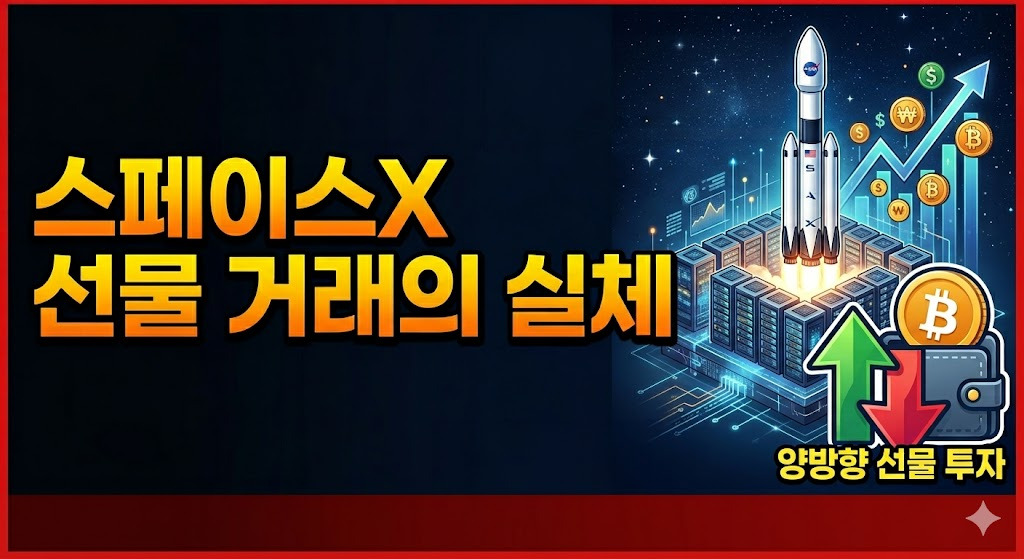 어두운 배경 좌측에 주황색과 노란색 그라데이션 폰트로 '스페이스X 선물 거래의 실체'라는 핵심 문구가 굵고 선명하게 박혀 있는 썸네일 이미지.