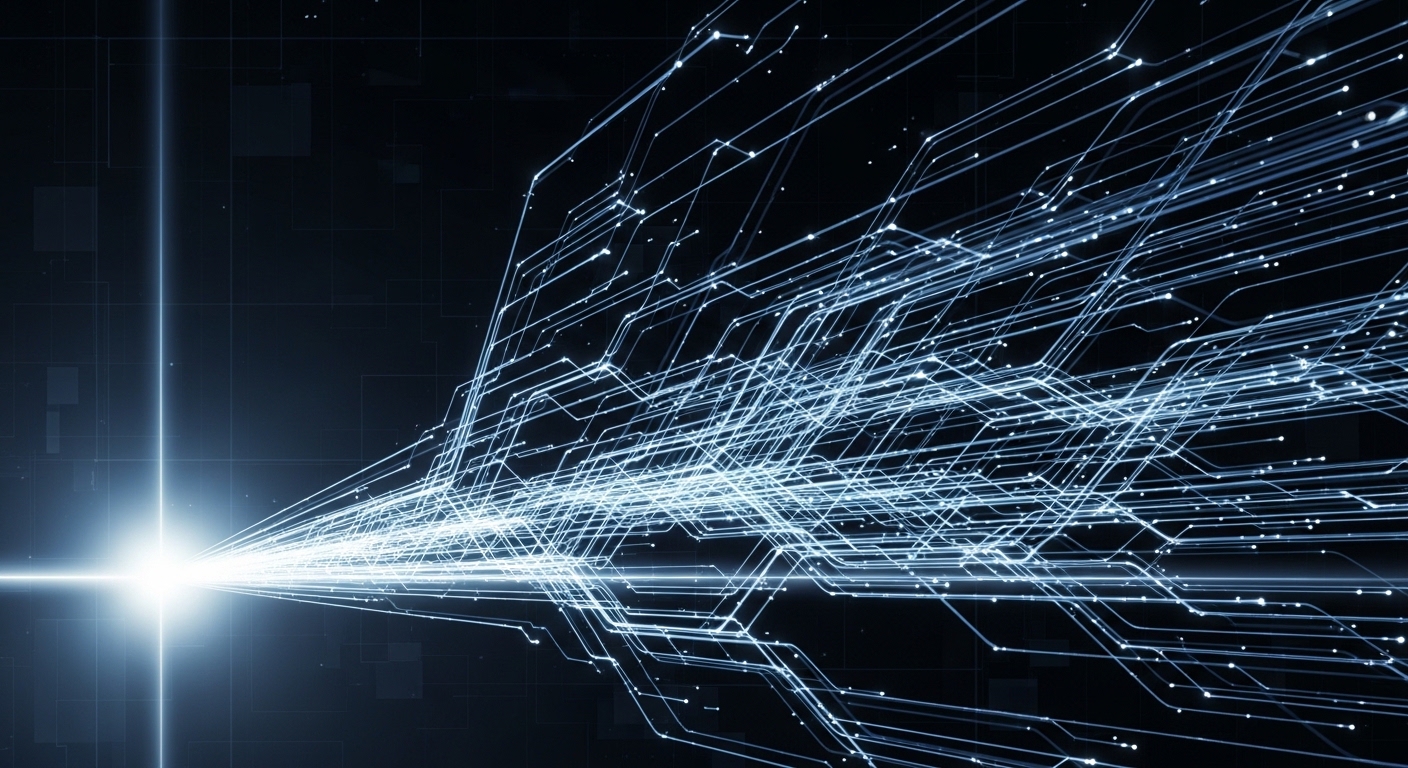 중앙에서 시작하여 기하급수적으로 확장되는 여러 갈래의 빛나는 경로들. 양자 병렬성을 통한 폭발적인 연산 속도 증가를 나타낸 이미지.
