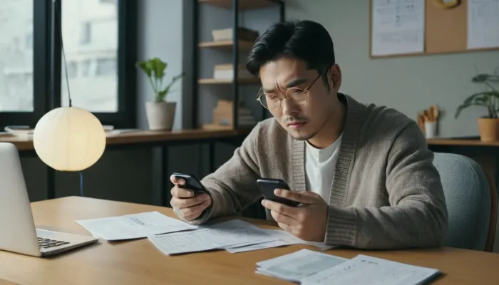 2025년 뱀띠 운세를 스마트폰으로 확인 중인 모습