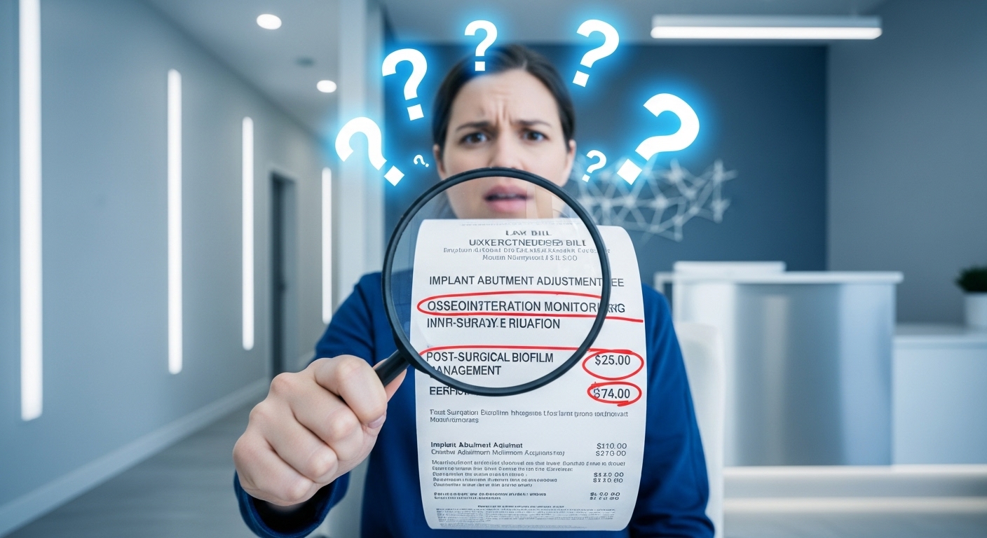 임플란트 시술 후 예상치 못한 추가 비용 청구서에 당황하는 사람의 모습, 복잡한 비용 문제를 상징합니다.