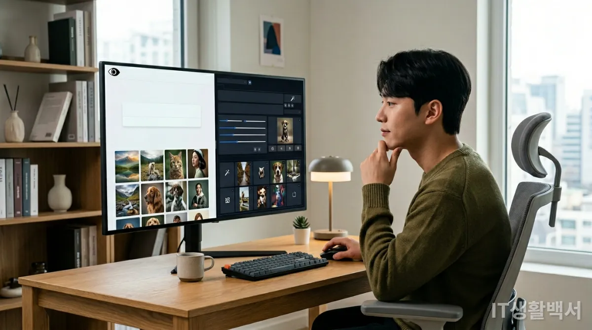 한국인 남성이 두 가지 AI 이미지 생성 툴 인터페이스를 비교하며 고민하는 모습