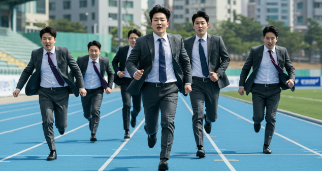 양복을 입고 골인 지점을 향해 달리는 한국 남성들 =사진