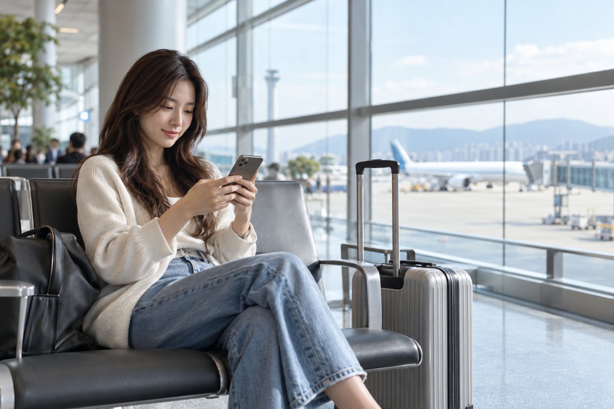 AI-generated traveler using a smartphone in a fictional airport.