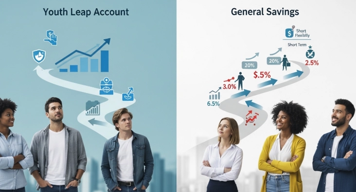 미래를 고민하는 청년들이 청년도약계좌와 일반 적금, 두 가지 저축 경로를 살펴보며 재정 계획을 세우는 모습입니다.