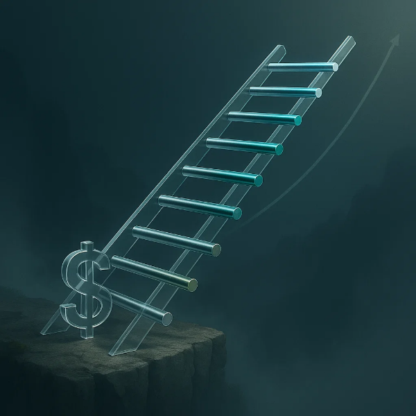 투명한 달러 기호와 연결된 유리 사다리가 어둠 속 절벽에서 위로 뻗어 올라가는 모습, 상승 곡선과 함께 경제 성장의 가능성을 상징적으로 표현한 일러스트