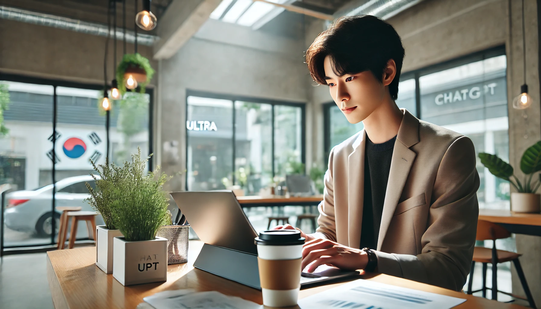 카페에서 글쓰고 있는 남자