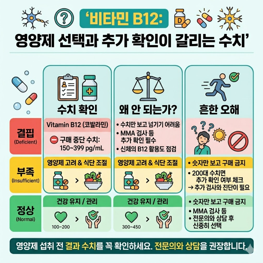 비타민 B12 150~399 구간에서 추가 검사 여부 확인 필요 설명 이미지