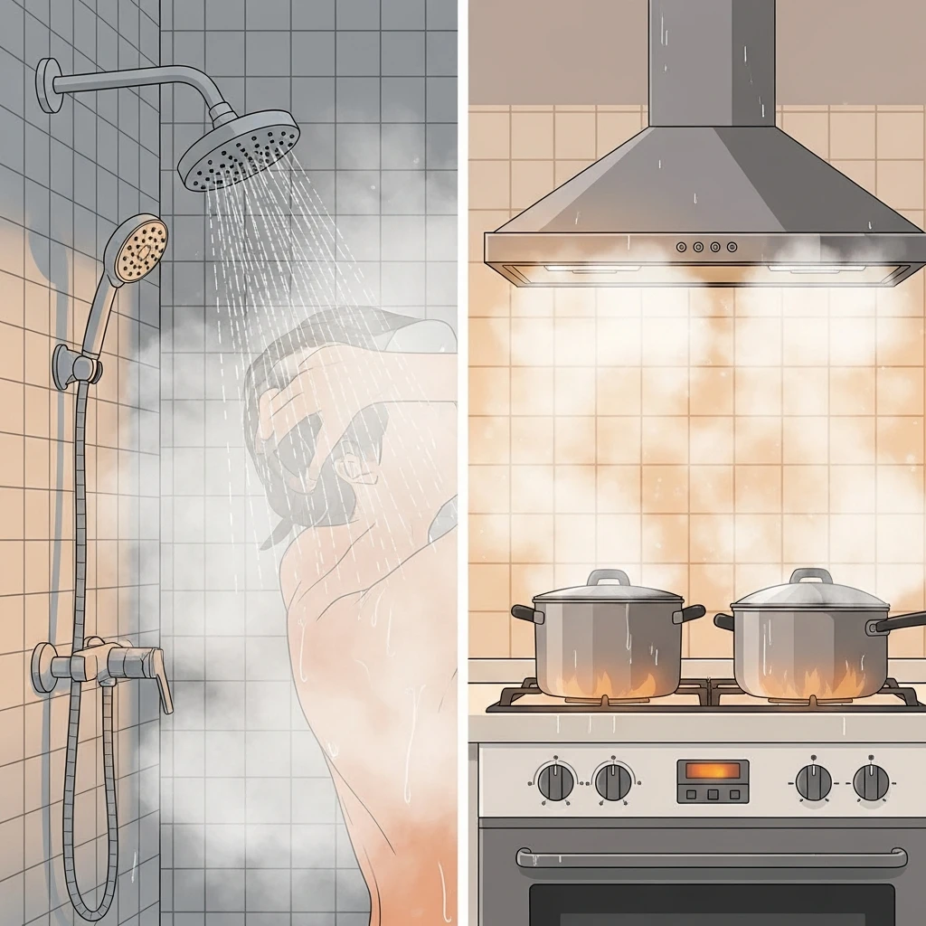 수증기 가득한 욕실 주방