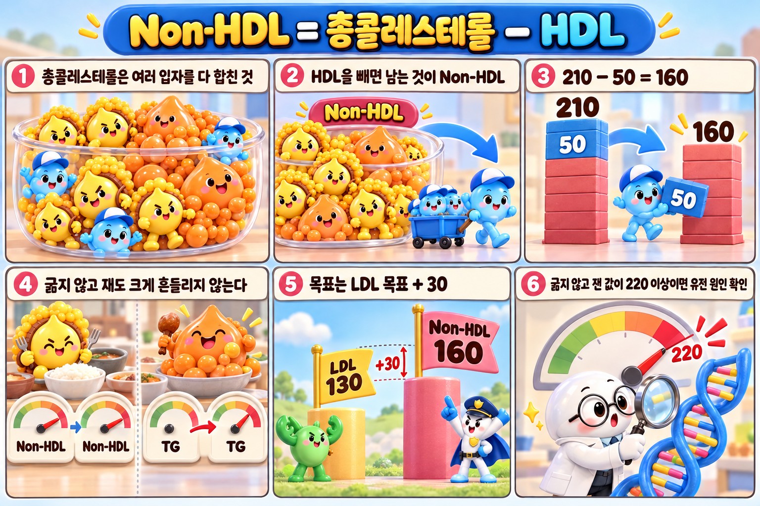 Non-HDL 콜레스테롤을 계산하는 방법을 6칸으로 그린 설명 만화