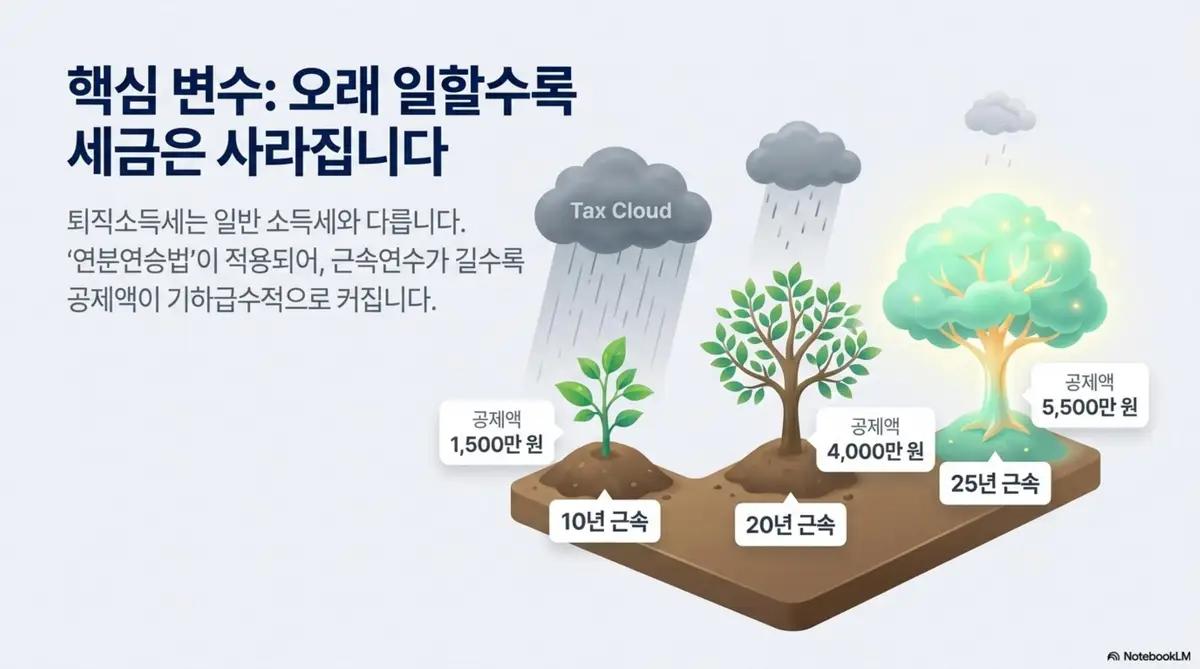 퇴직금 세금: 퇴직소득세는 연분연승법이 적용되어 근속연수가 길수록 공제액이 커지는 구조를 나무 성장 비유로 표현한 이미지. 10년 근속 시 공제액 1,500만 원에서 20년 4,000만 원 그리고 25년 5,500만 원으로 늘어나는 근속연수공제를 안내함
