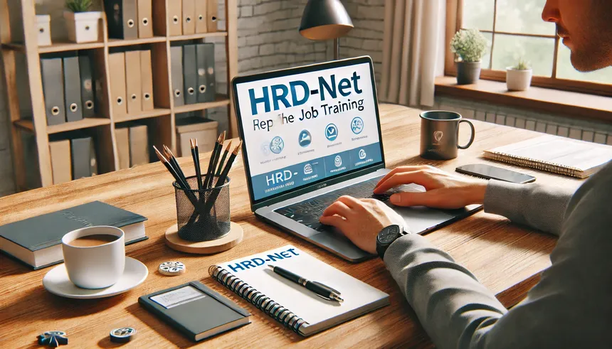 국민내일배움카드 신청을 위해 HRD-Net에 접속해 직업훈련 과정을 준비하는 실사 스타일의 데스크 환경 이미지