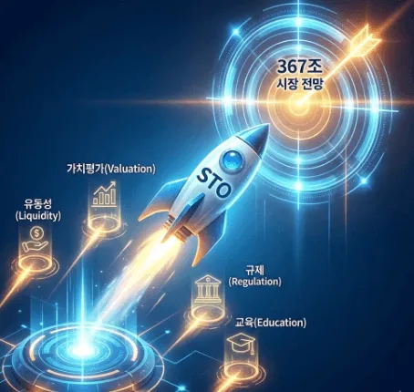 STO 토큰증권: 367조 원 규모로 성장할 토큰증권 시장의 미래 전망과 해결해야 할 과제를 보여주는 이미지.