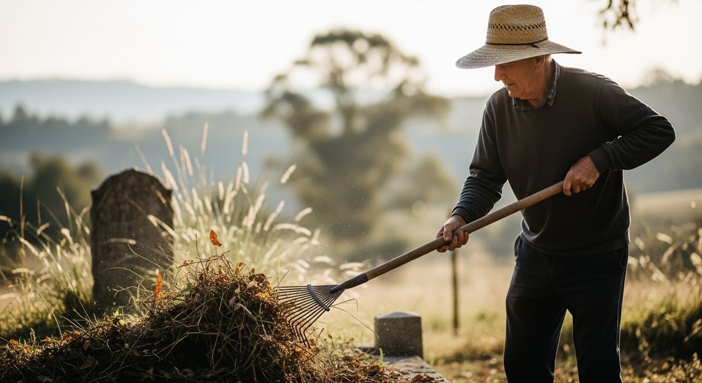남성이 예초기로 봉분 묘지 주변 풀을 깎는 모습 