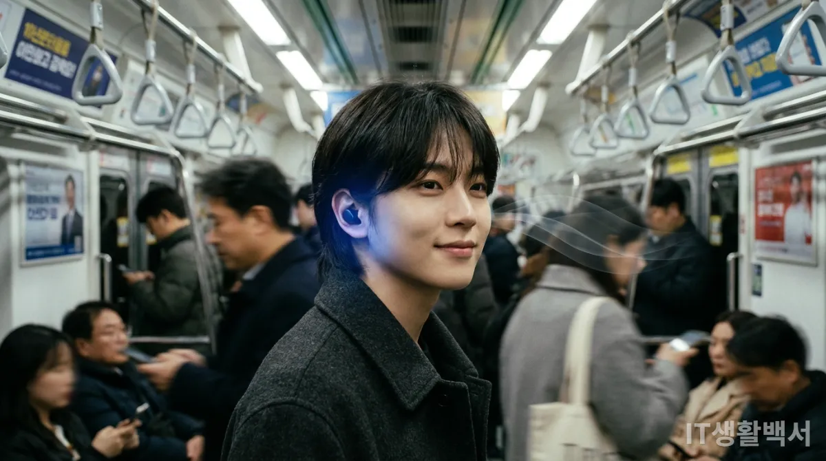 서울 지하철에서 노이즈 캔슬링 및 주변음 허용 모드를 사용하는 모습