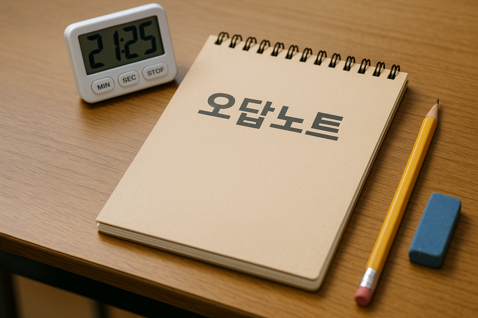 책상 위의 공부 도구들: 오답노트, 타이머, 연필 등 수험생의 책상 연출