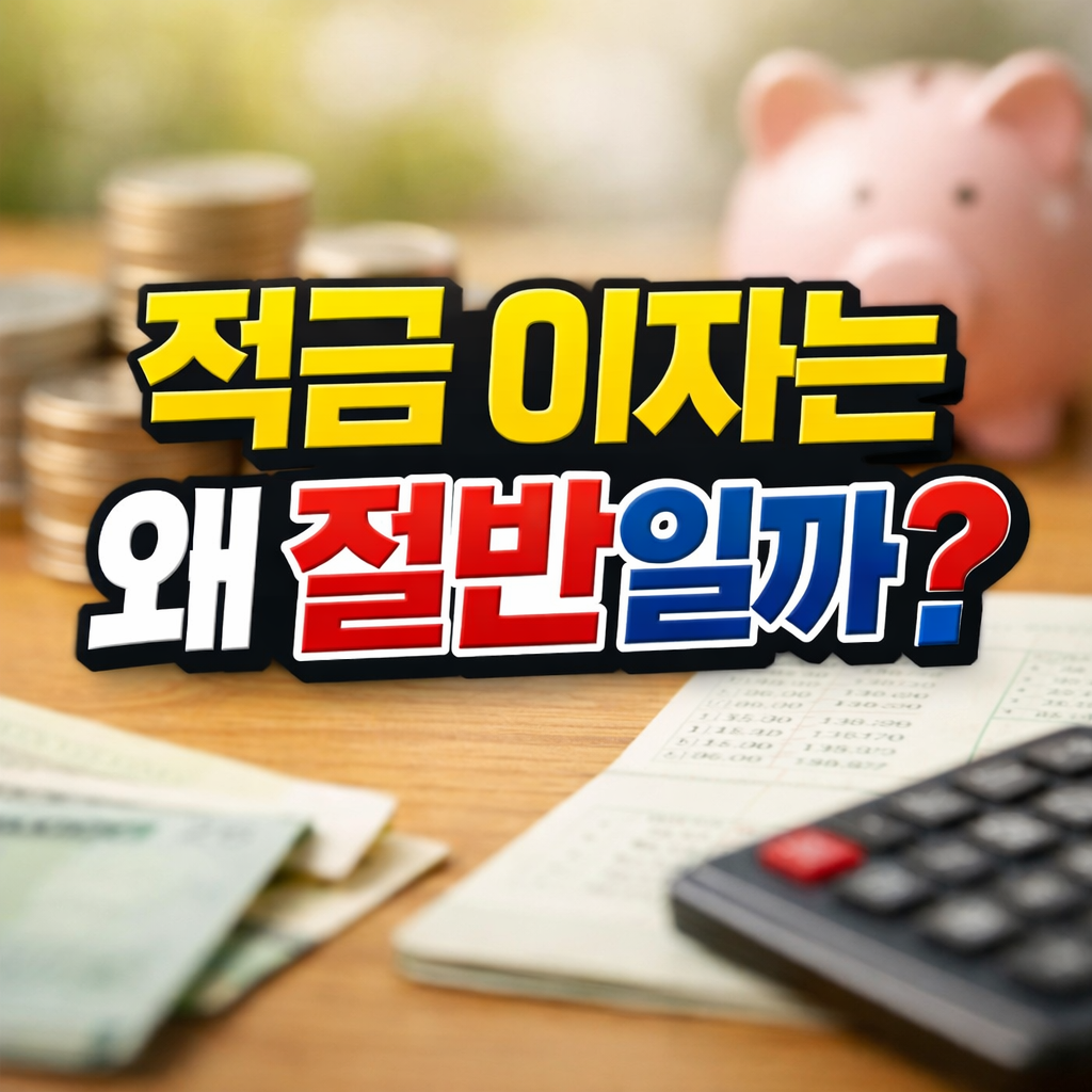 정기예금 이자와 적금 이자 차이를 설명하는 이미지, 돼지저금통과 동전, 계산기 배경의 금융 개념 이미지