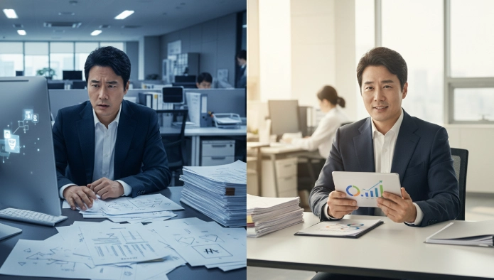 스마트공장 지원금 환수 통보로 혼란스러워하는 기업 대표와 체계적인 대응으로 위기를 극복한 기업 대표의 모습을 비교하는 이미지