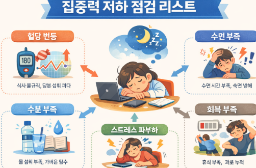 집중력 저하 원인을 수면, 스트레스, 수분 등으로 설명하는 이미지