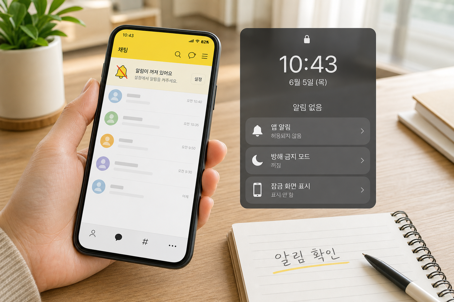 채팅 앱 알림과 잠금화면 알림 설정을 확인하는 화면
