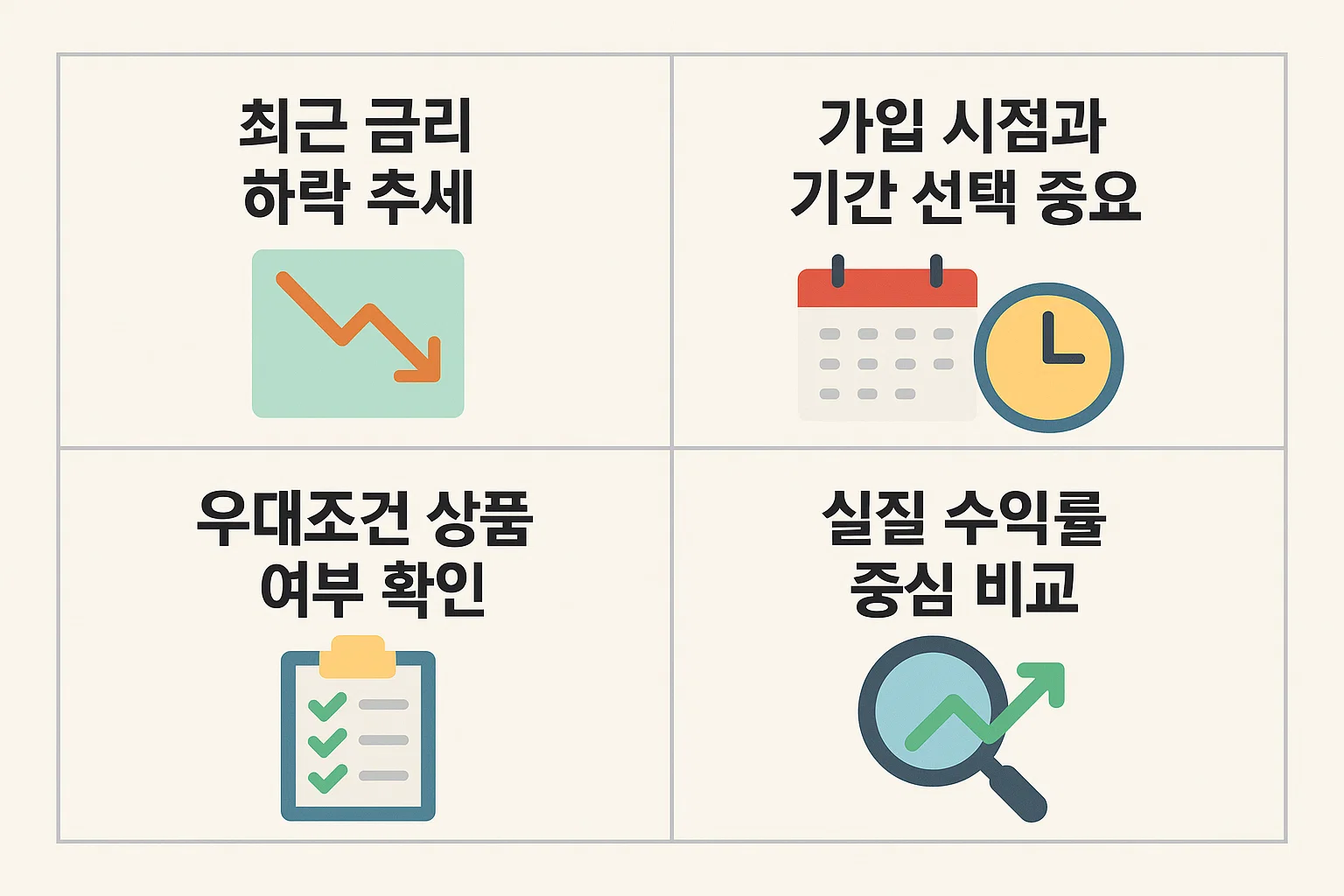 2025년 농협 정기예금 금리 하락세와 가입 시점 선택의 중요성을 시각적으로 설명한 이미지로, 우대조건 상품과 실질 수익률 비교를 강조함