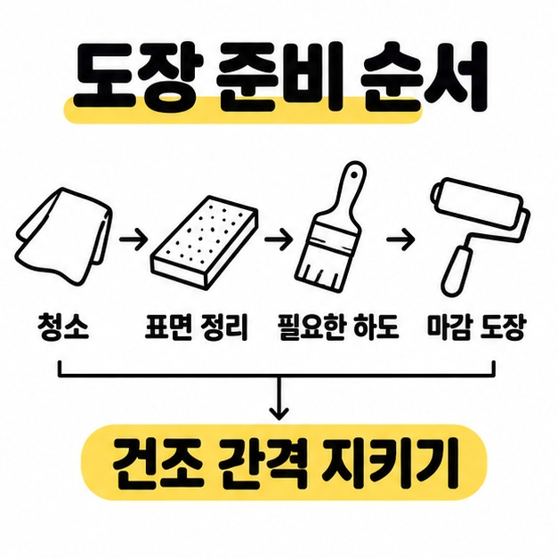 천, 사포, 붓, 롤러를 화살표로 연결해 청소, 표면 정리, 필요한 하도, 마감 도장 순서와 건조 간격 준수를 안내하는 이미지