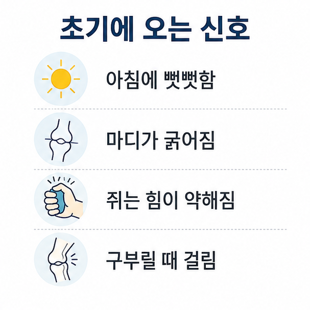 손가락 관절염 초기 신호 목록, 아침 뻣뻣함과 마디가 굵어짐, 쥐는 힘 약화, 구부릴 때 걸림을 정리한 카드