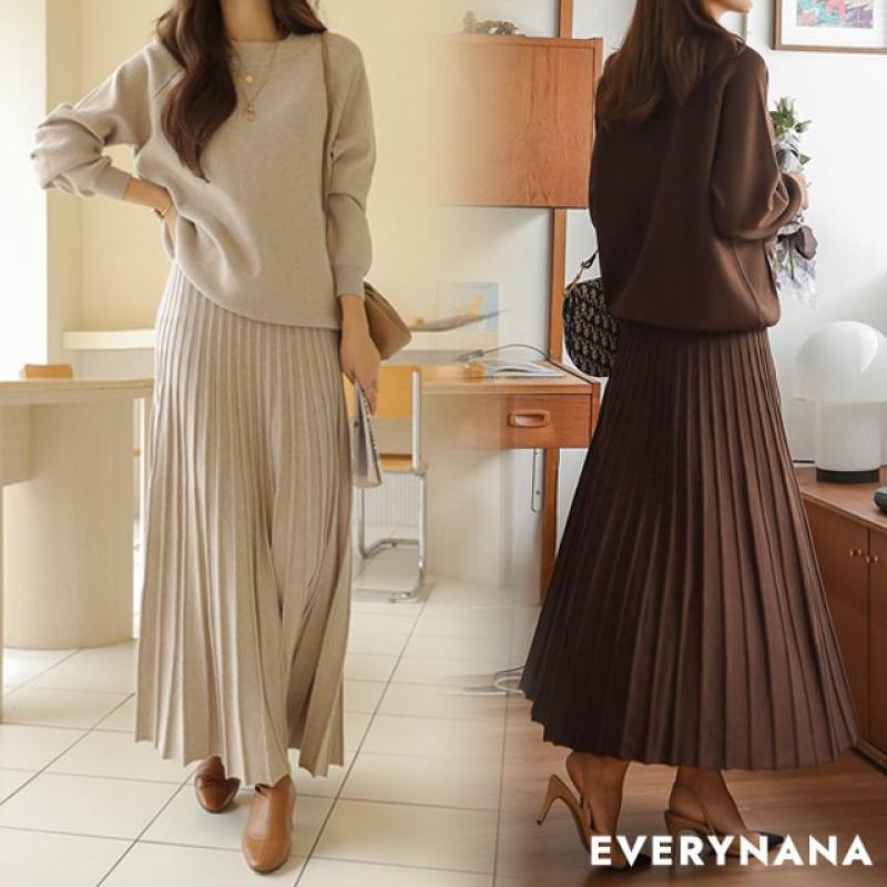 A라인 플레어 플리츠 스커트 세트 여성 봄 가을 겨울 데일리 니트 투피스