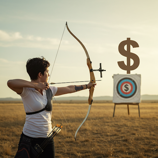 달러 과녁을 향해 활시위를 당기고 있는 궁사의 모습
