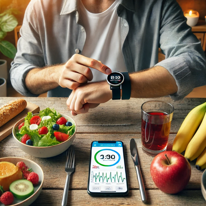 식탁 위에서 스마트폰 앱과 스마트워치를 연동하며 혈당 데이터를 분석하는 장면. 건강한 음식이 배치된 테이블.