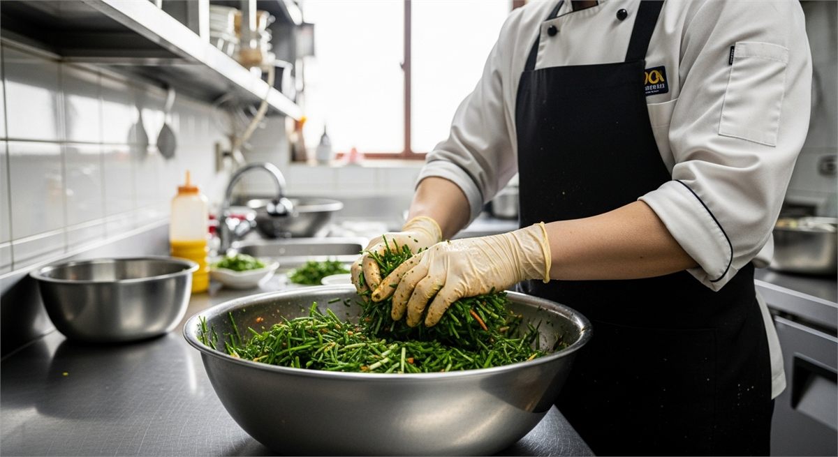 장갑 낀 손으로 부추 양념을 되직하게 버무리는 모습 