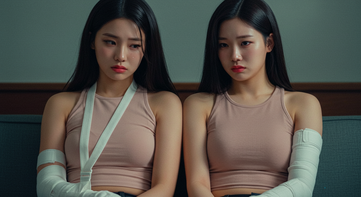 깁스를 하고 앉아있는 여자들