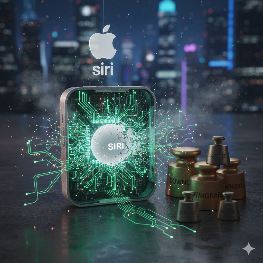 스마트 기기의 내부 프레임을 형상화한 사각형 금속 구조체 안에서 초록색 전기 회로가 사방으로 뻗어 나가는 역동적인 장면이에요. 구조체 중앙에는 SIRI라는 글자가 적힌 구체가 강한 빛을 내뿜으며 균열이 가고 있고, 주변으로 파편과 연기가 흩날리고 있어요. 상단에는 은색 애플 로고와 siri 텍스트가 떠 있으며, 오른쪽에는 크기가 제각각인 여러 개의 황동 추들이 DOWNGRADE, WNGRADA 등의 문구와 함께 무질서하게 놓여 있어 혁신의 붕괴와 투자 하락의 혼돈을 표현해요.
