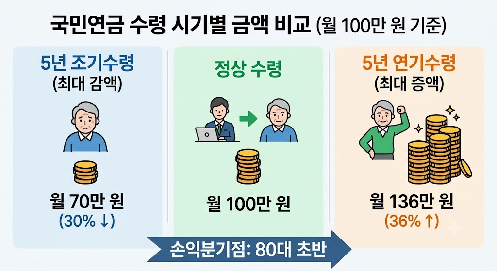 국민연금 조기수령, 정상수령, 연기수령 월 수령액 비교 인포그래픽. 5년 조기 수령 시 70만 원, 정상 수령 시 100만 원, 5년 연기 수령 시 136만 원으로 비교하여 보여줌