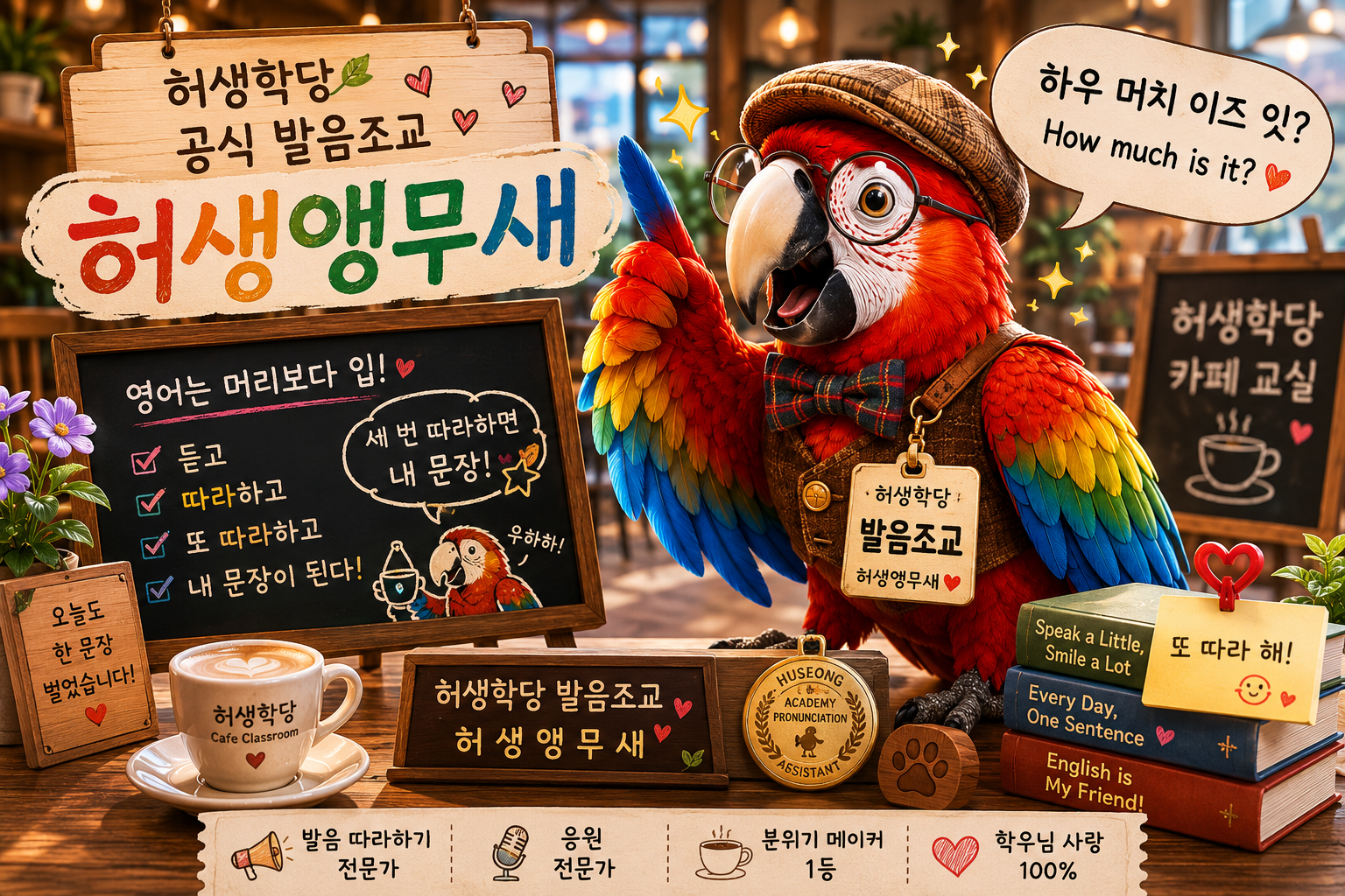 허생학당 공식 발음조교 허생앵무새가 졸업모와 발음조교 뱃지를 달고 영어 따라하기의 중요성을 소개하고 있는 모습