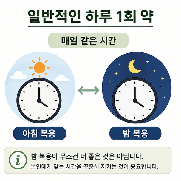 하루 한 번 먹는 일반적인 고혈압 약은 아침이나 저녁 중 무조건 더 좋은 시간이 정해져 있지 않고 매일 일정한 시간에 복용하는 방법을 설명한 이미지