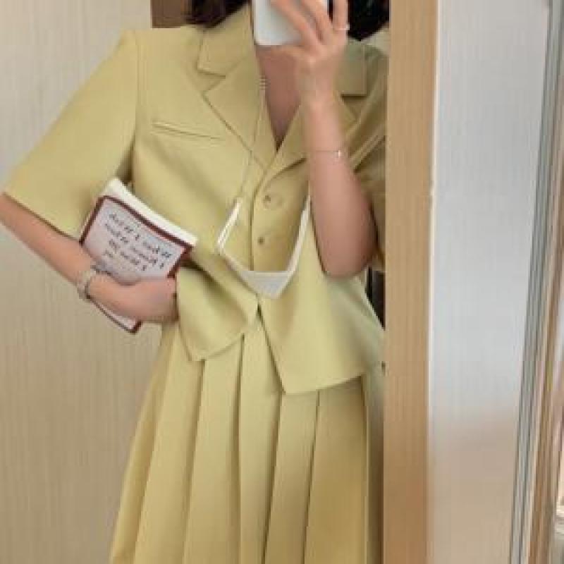 플리츠 스커트 반팔 자켓 투피스 세트 TS252